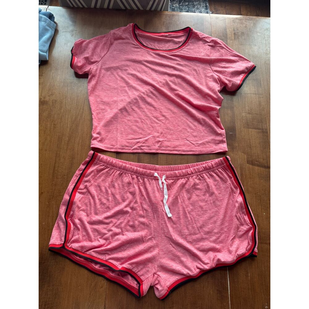 Women’s 2XL Pink Heather Crop Top & Shorts Set Ringer Lounge Pajama Two Piece